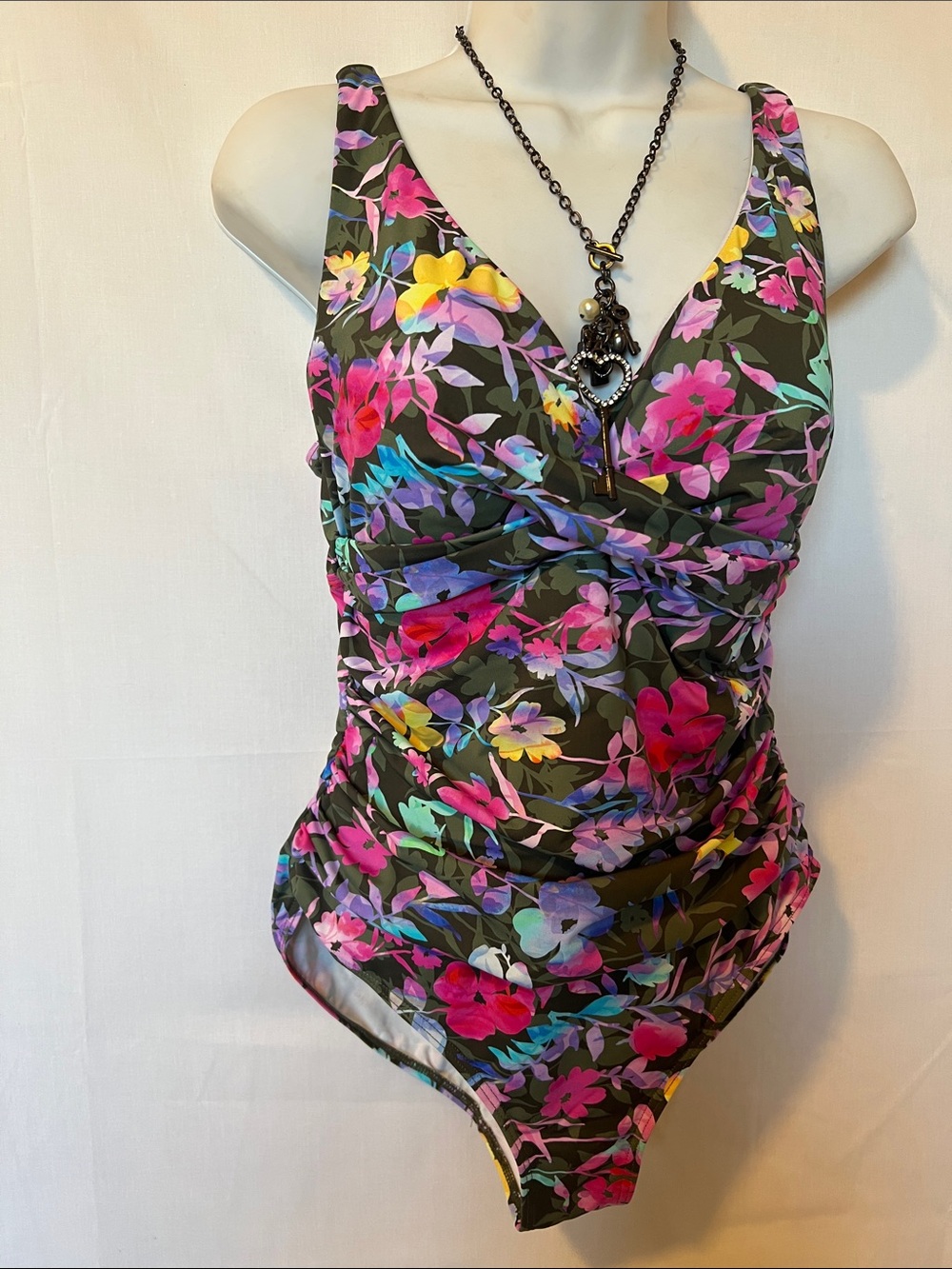 Girls Olive Floral One-Piece Swimsuit with Multicolor Print